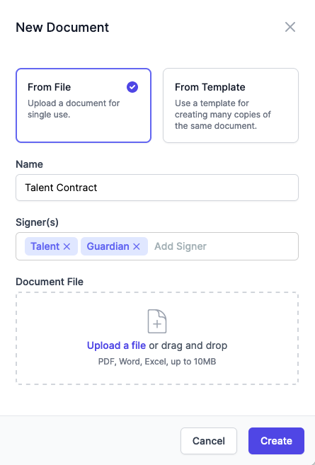 Creating a new document in Syngency Sign